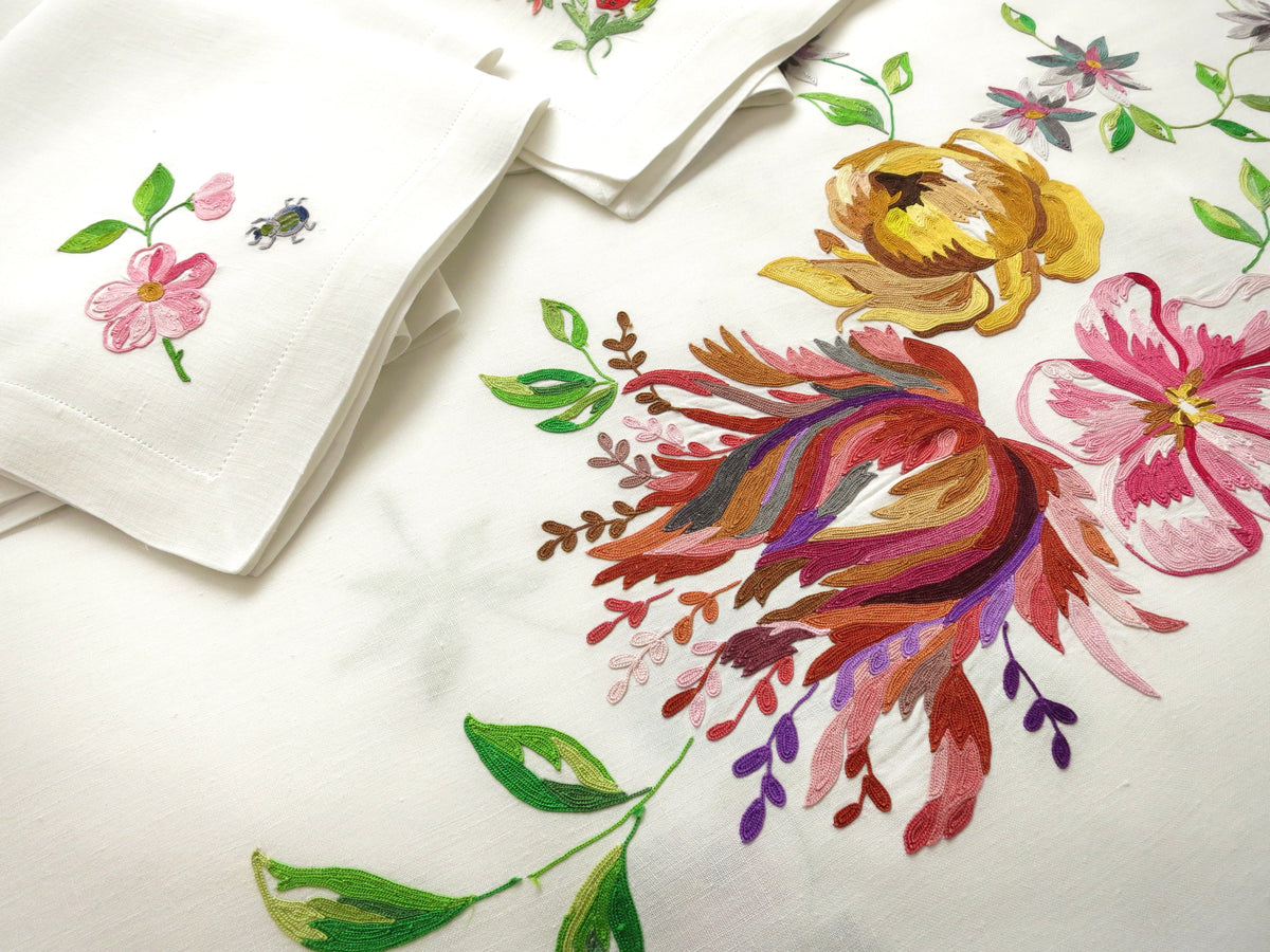 Insects &amp; Flowers Vintage D Porthault Beauvais Round 74&quot; Tablecloth 12 Napkins