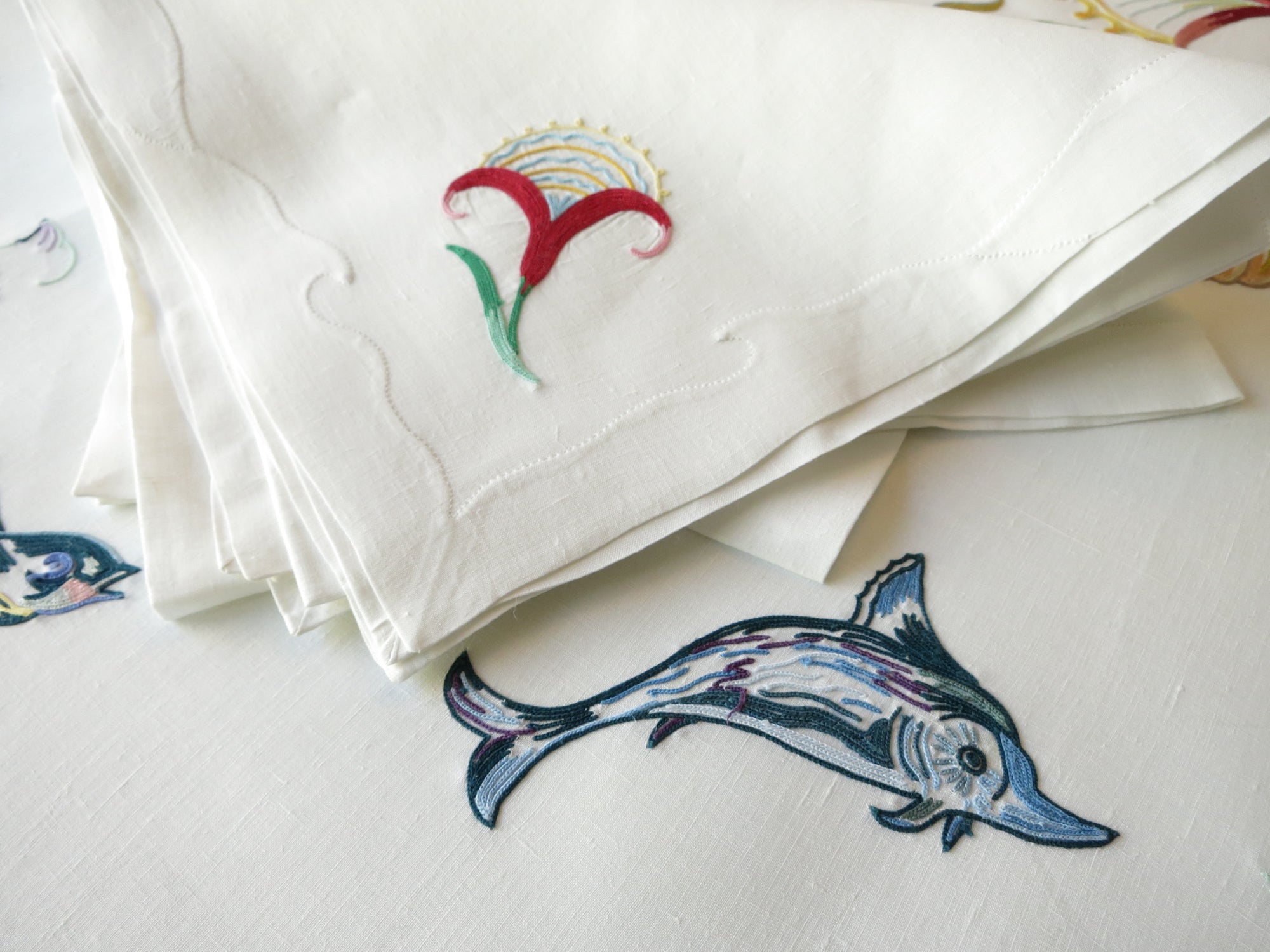 Fish Marine Life Vintage D Porthault Beauvais Embroidery Round Tablecloth & Napkins