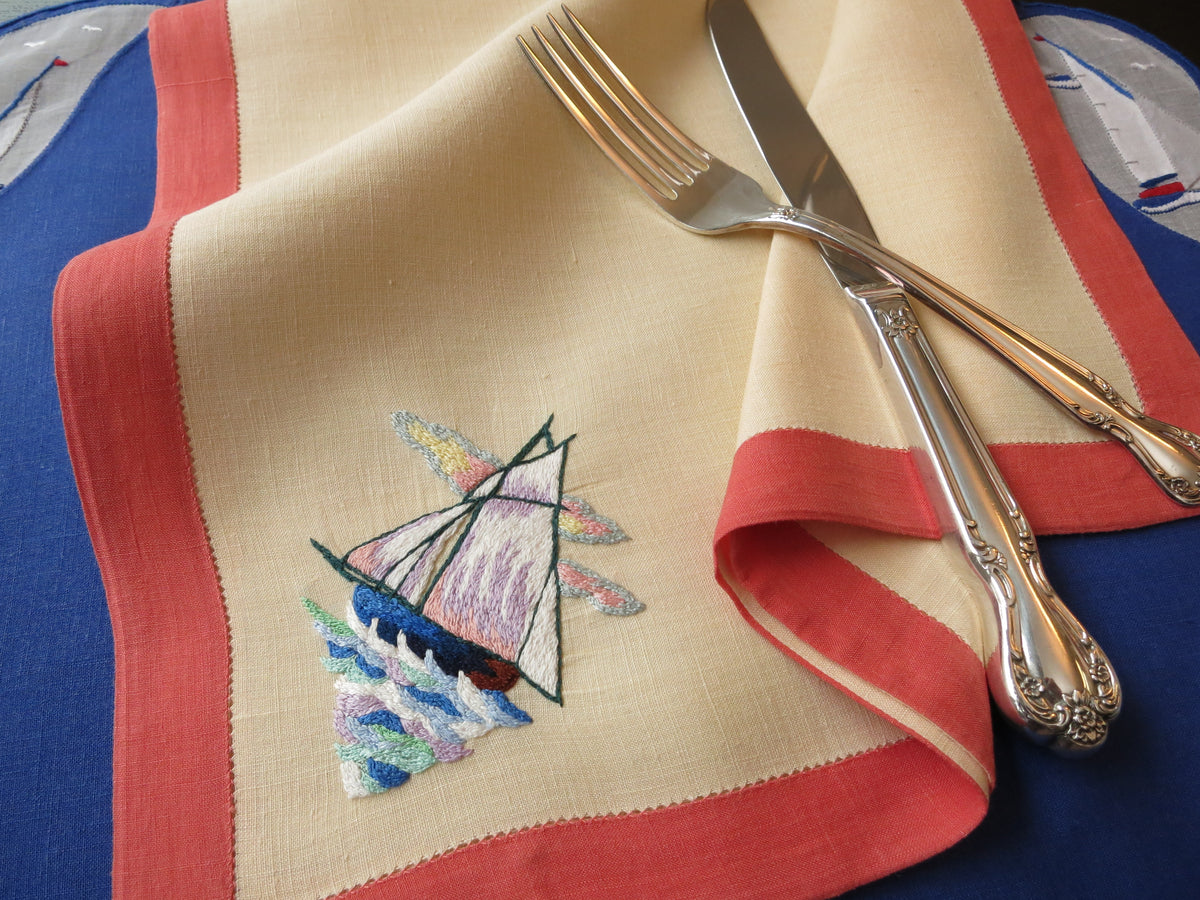 Sailing Boats Nautical Vintage D Porthault Embroidered XL Linen Napkins ~ Set of 12