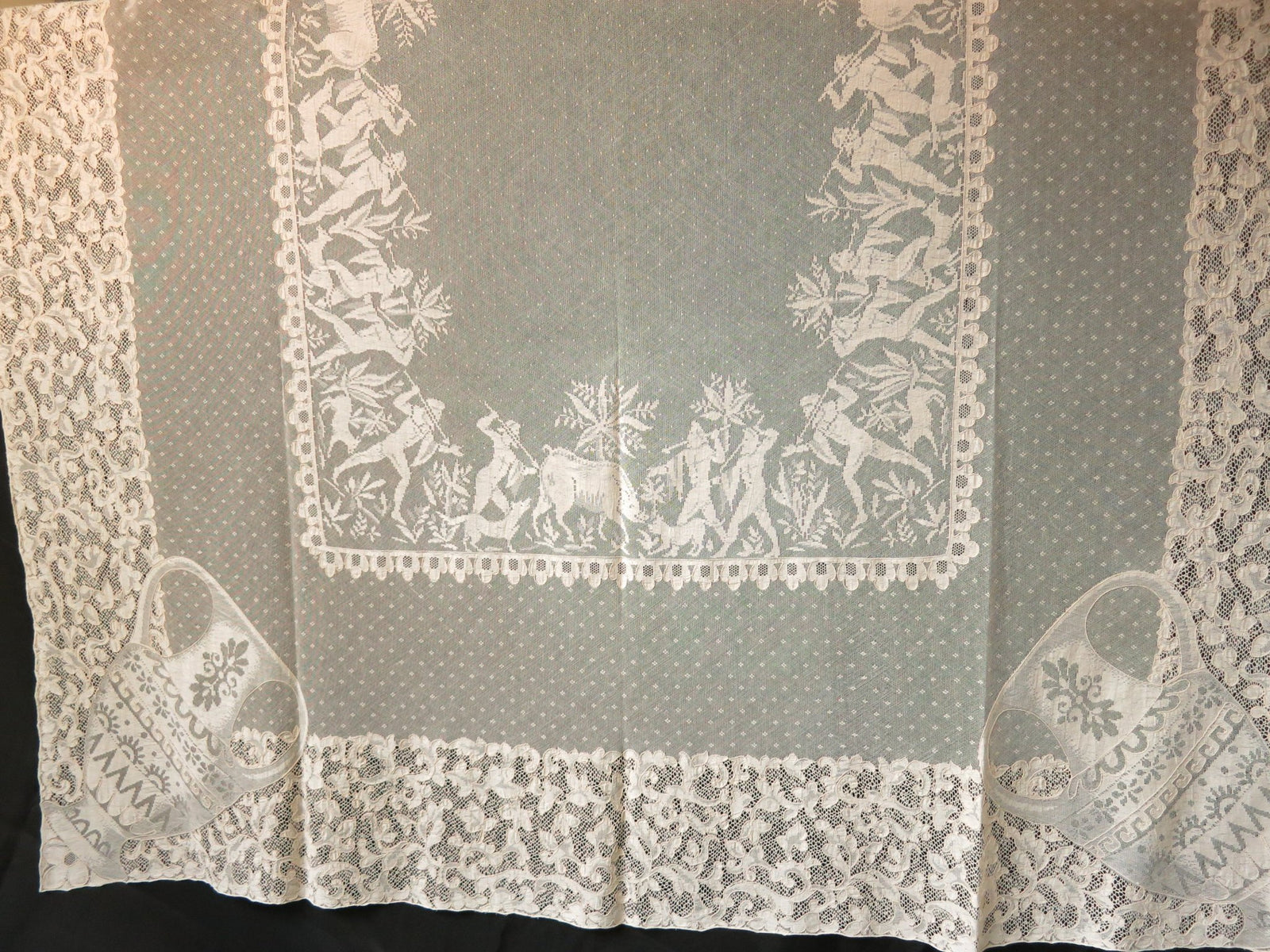 Ancient Greek Hunt Antique French Alencon Lace Tablecloth 68x108