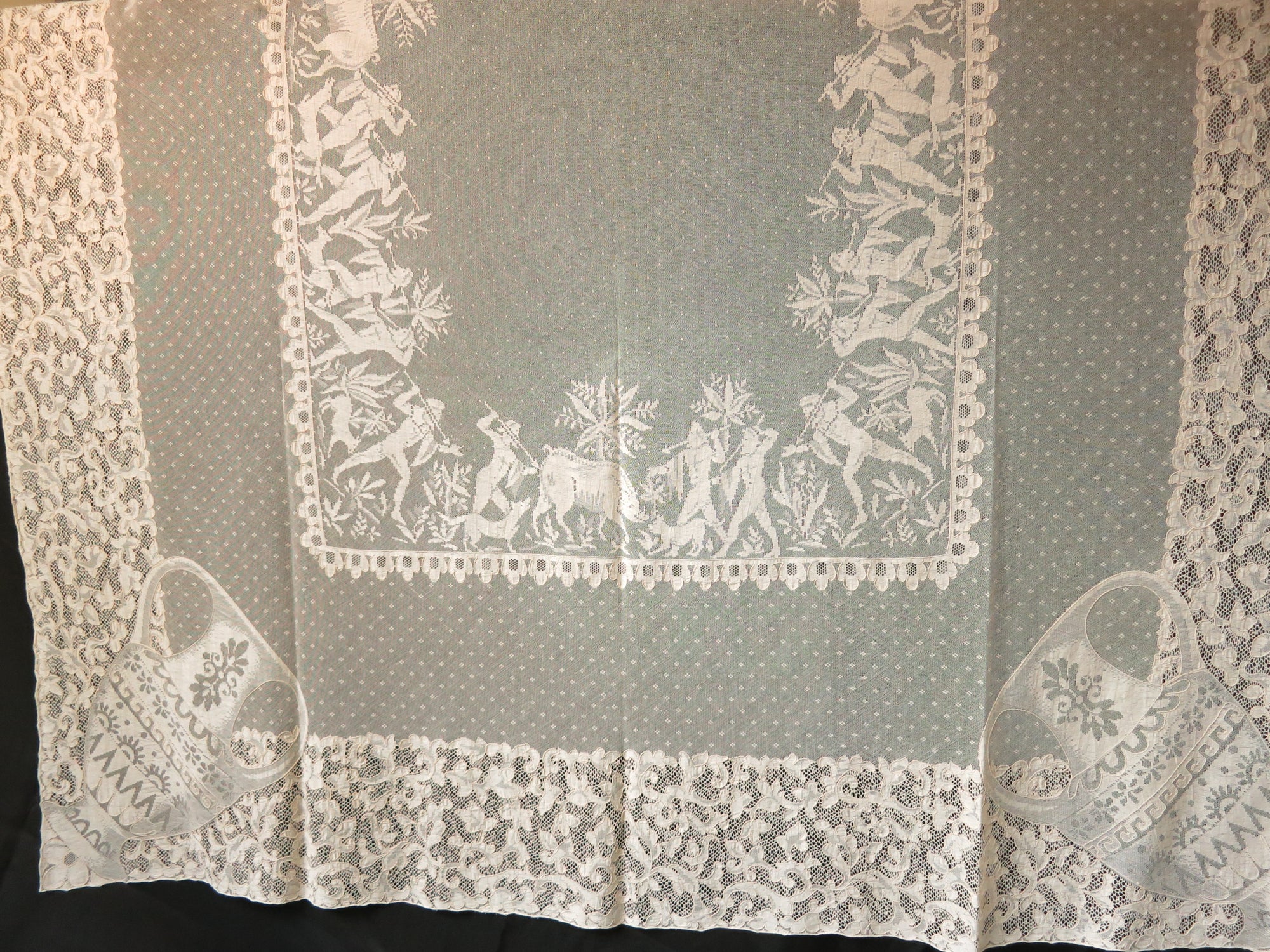 Ancient Greek Hunt Antique French Alencon Lace Tablecloth 68x108