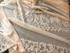 Ancient Greek Hunt Antique French Alencon Lace Tablecloth 68x108