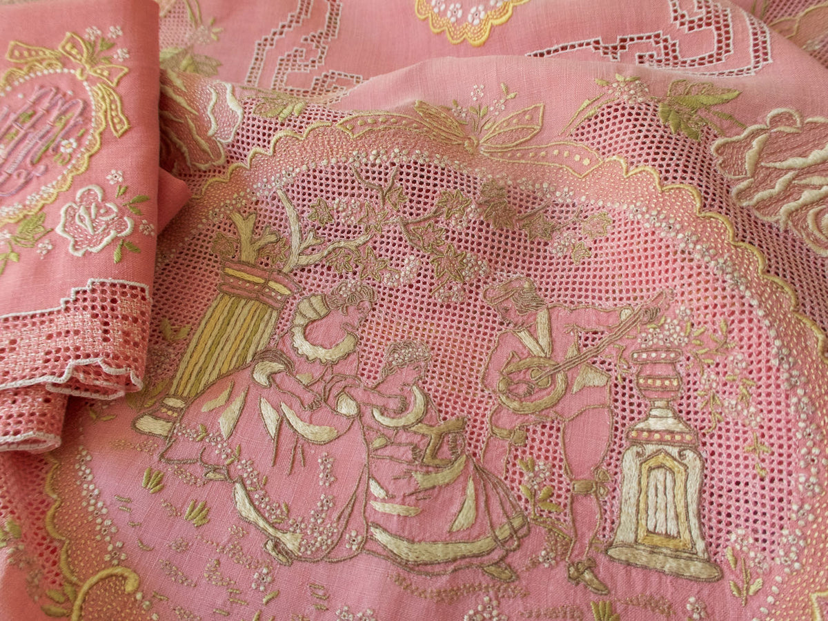Romantic Pink Appenzell Embroidered Tablecloth 6 Napkins