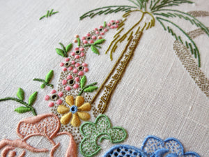 Tropical Vibes Colorful Vintage Madeira Embroidery Linen Table Runner 13x26"