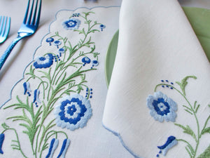 Blue Flowers Vintage Madeira 16pc Linen Placemat Set for 8