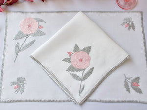 Pink Flowers Rapisardi Italian Embroidered 8pc Placemat Set for 4