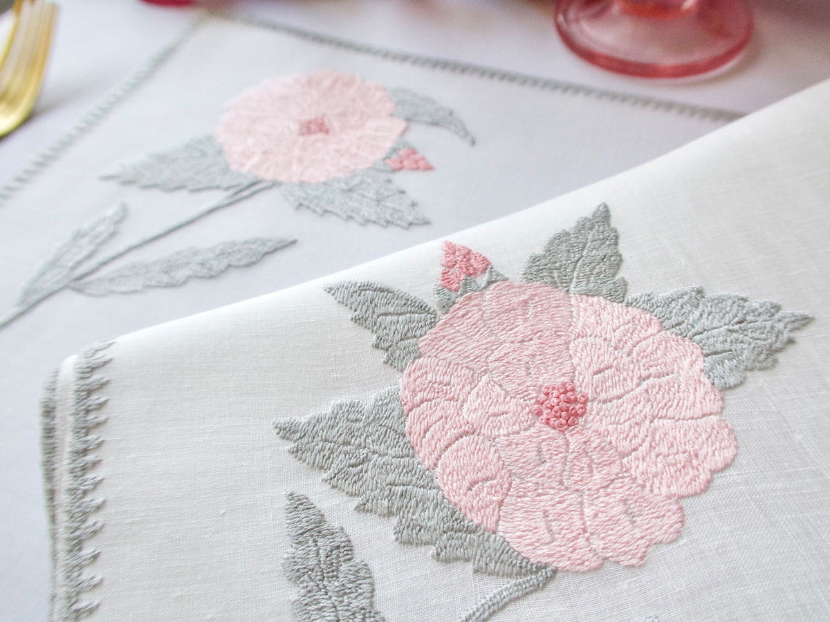 Pink Flowers Rapisardi Italian Embroidered 8pc Placemat Set for 4