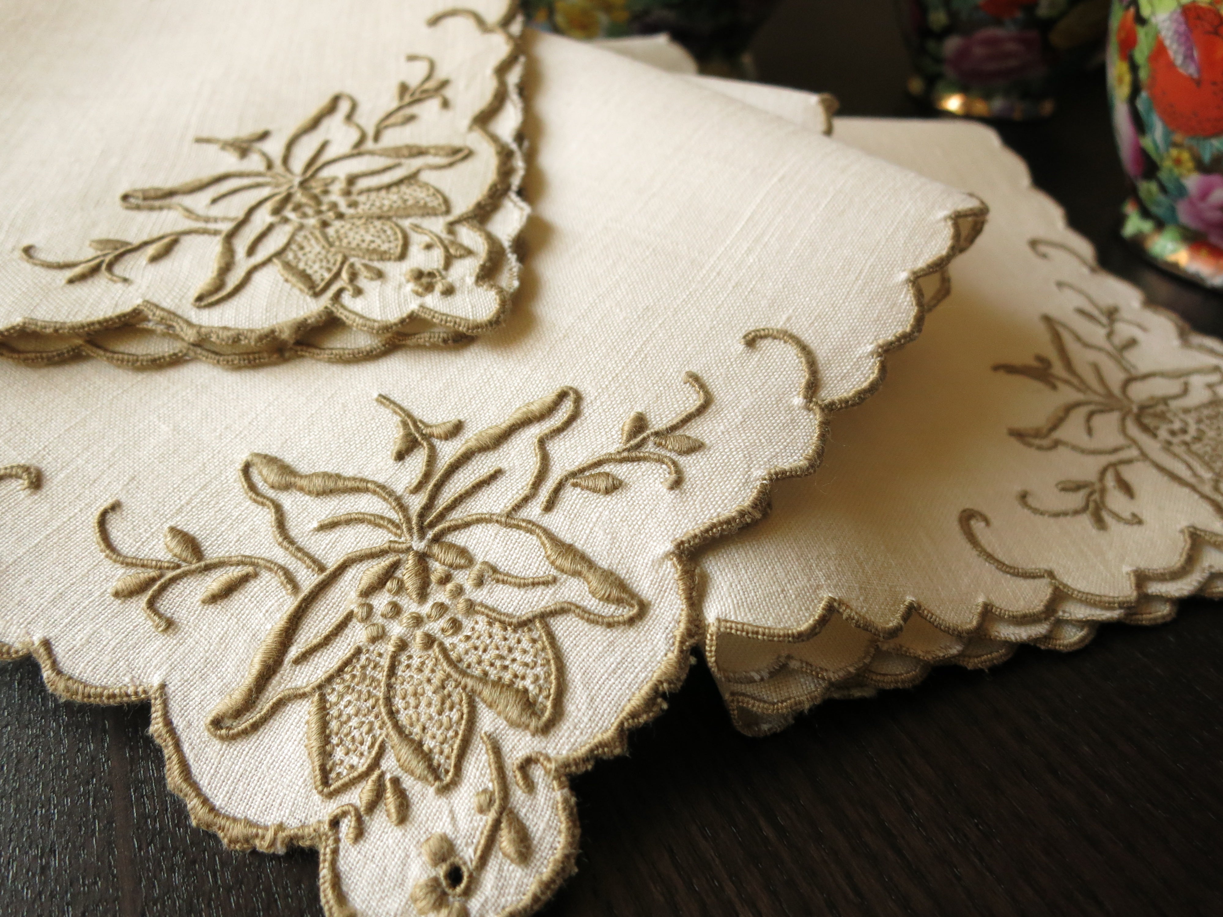 Vintage Linen Tea Napkins Madeira Hand Embroidery Set of 12