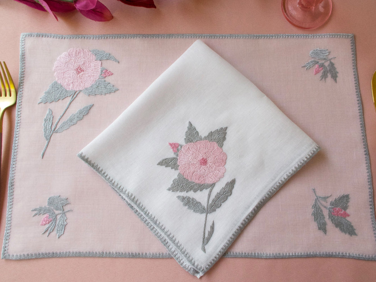 Pink Flowers Rapisardi Italian Embroidered 8pc Placemat Set for 4