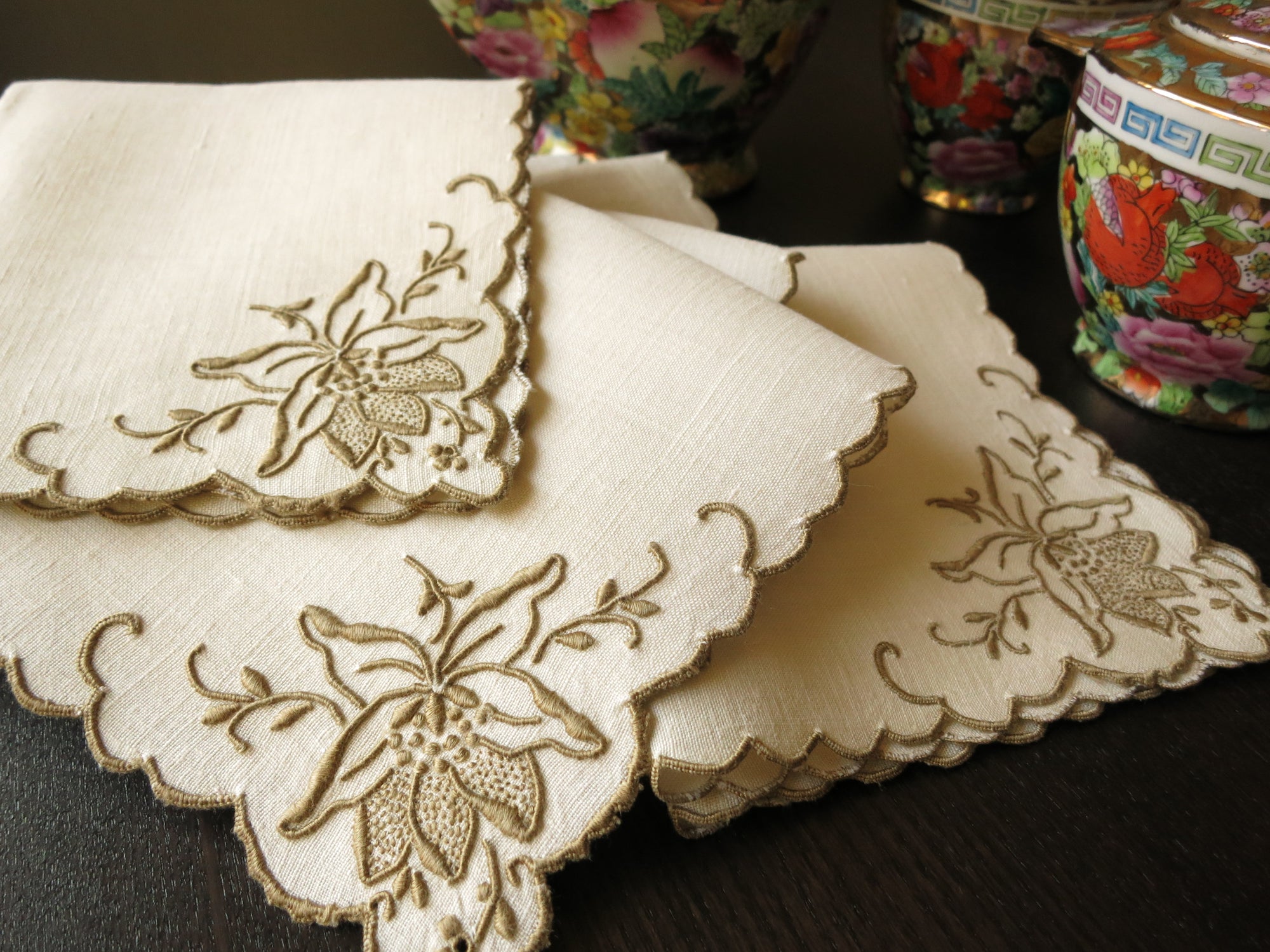 Vintage Linen Tea Napkins Madeira Hand Embroidery ~ Set of 12