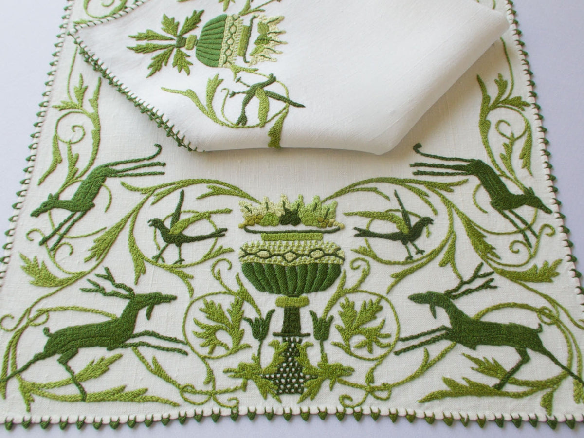 Deer &amp; Birds Vintage Italian 3-D Embroidered Linen Placemat Set for 8