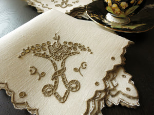Vintage Linen Tea Napkins Scalloped Madeira Hand Embroidery ~ Set of 6