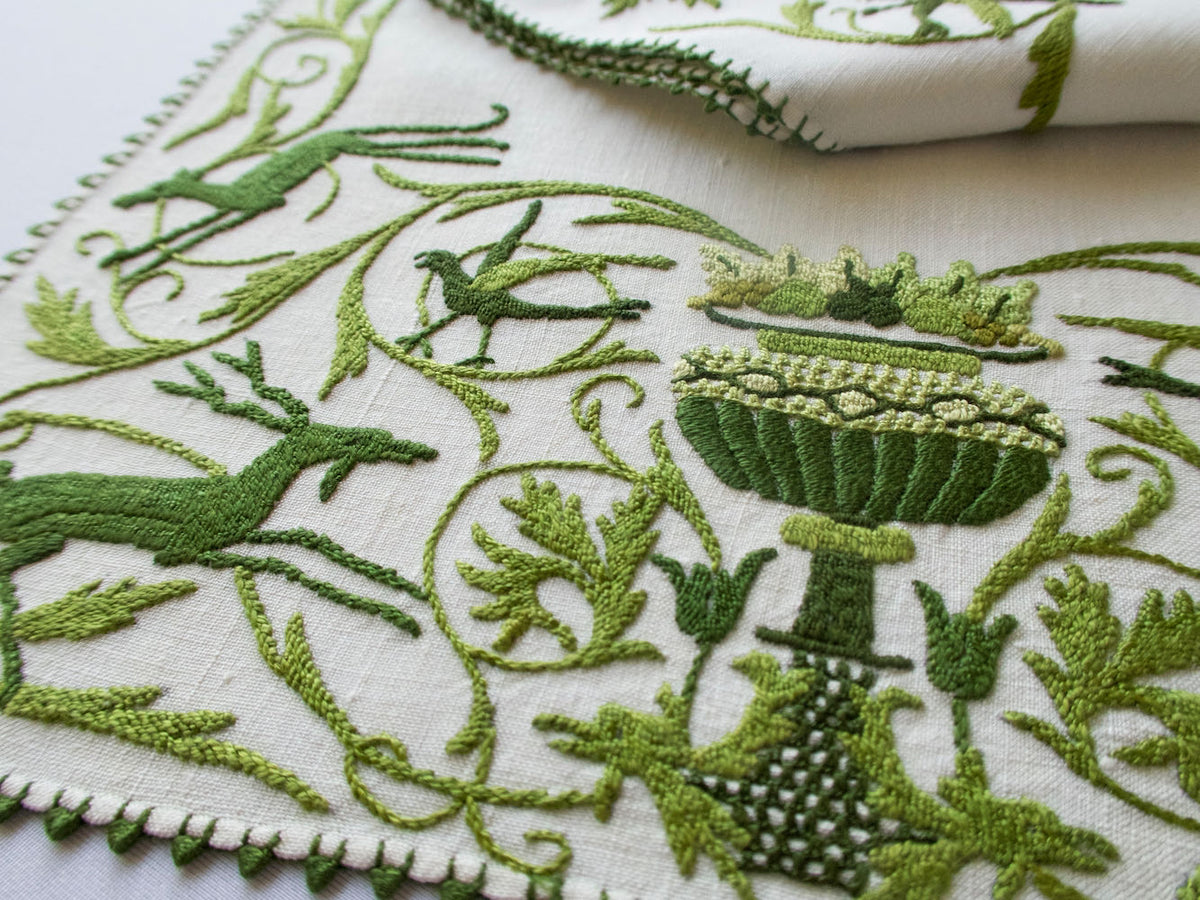 Deer &amp; Birds Vintage Italian 3-D Embroidered Linen Placemat Set for 8