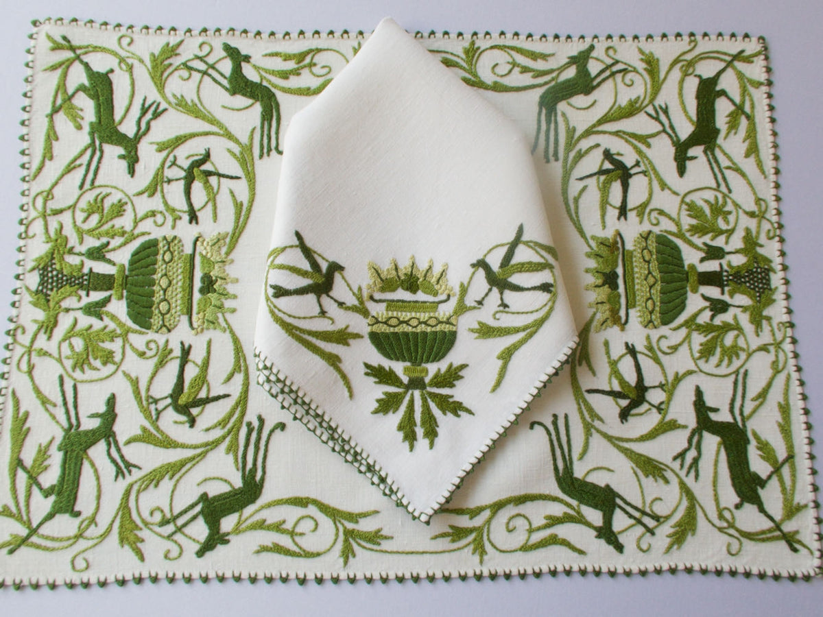 Deer &amp; Birds Vintage Italian 3-D Embroidered Linen Placemat Set for 8
