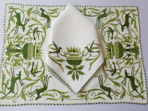 Deer & Birds Vintage Italian 3-D Embroidered Linen Placemat Set for 8