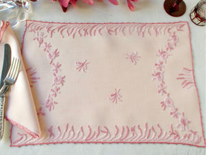 Modernist Garden Vintage French Beauvais Embroidered Linen Placemat Set for 8
