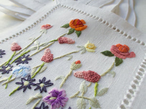 Detailed Flowers Vintage Hand Embroidered Linen Cocktail Napkins, Set of 12