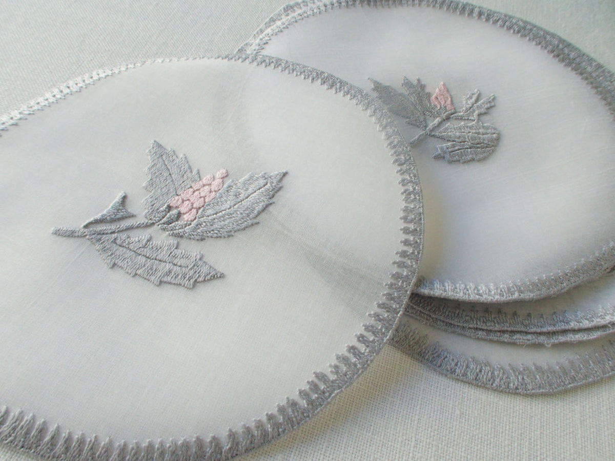 Pink &amp; Gray Flowers Rapisardi Italian Embroidery Cocktail Rounds, Set of 12