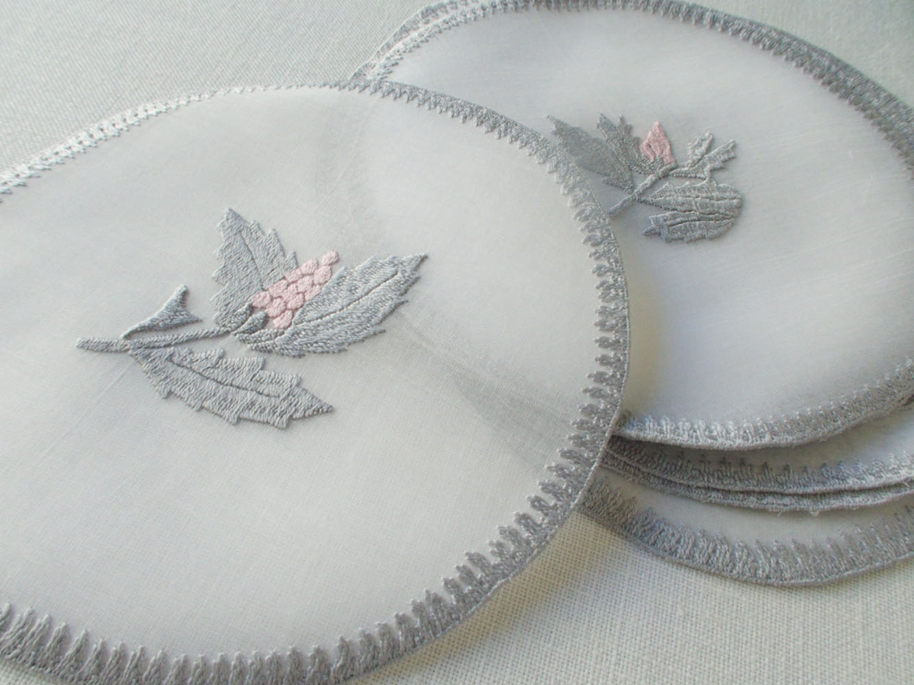 Pink & Gray Flowers Rapisardi Italian Embroidery Cocktail Rounds, Set of 12