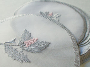 Pink & Gray Flowers Rapisardi Italian Embroidery Cocktail Rounds, Set of 12