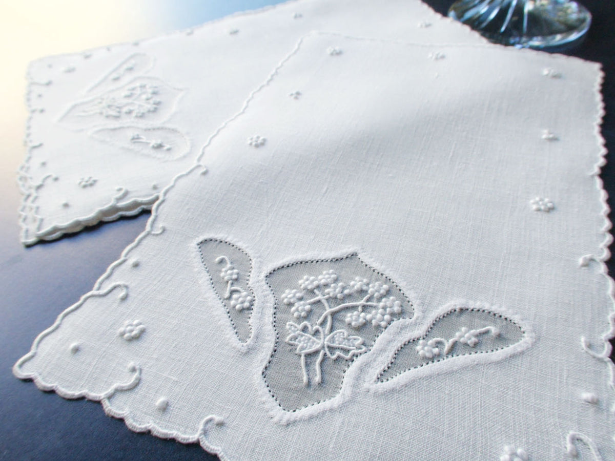 Dainty Whitework Vintage Madeira Linen Cocktail Napkins, Set of 8