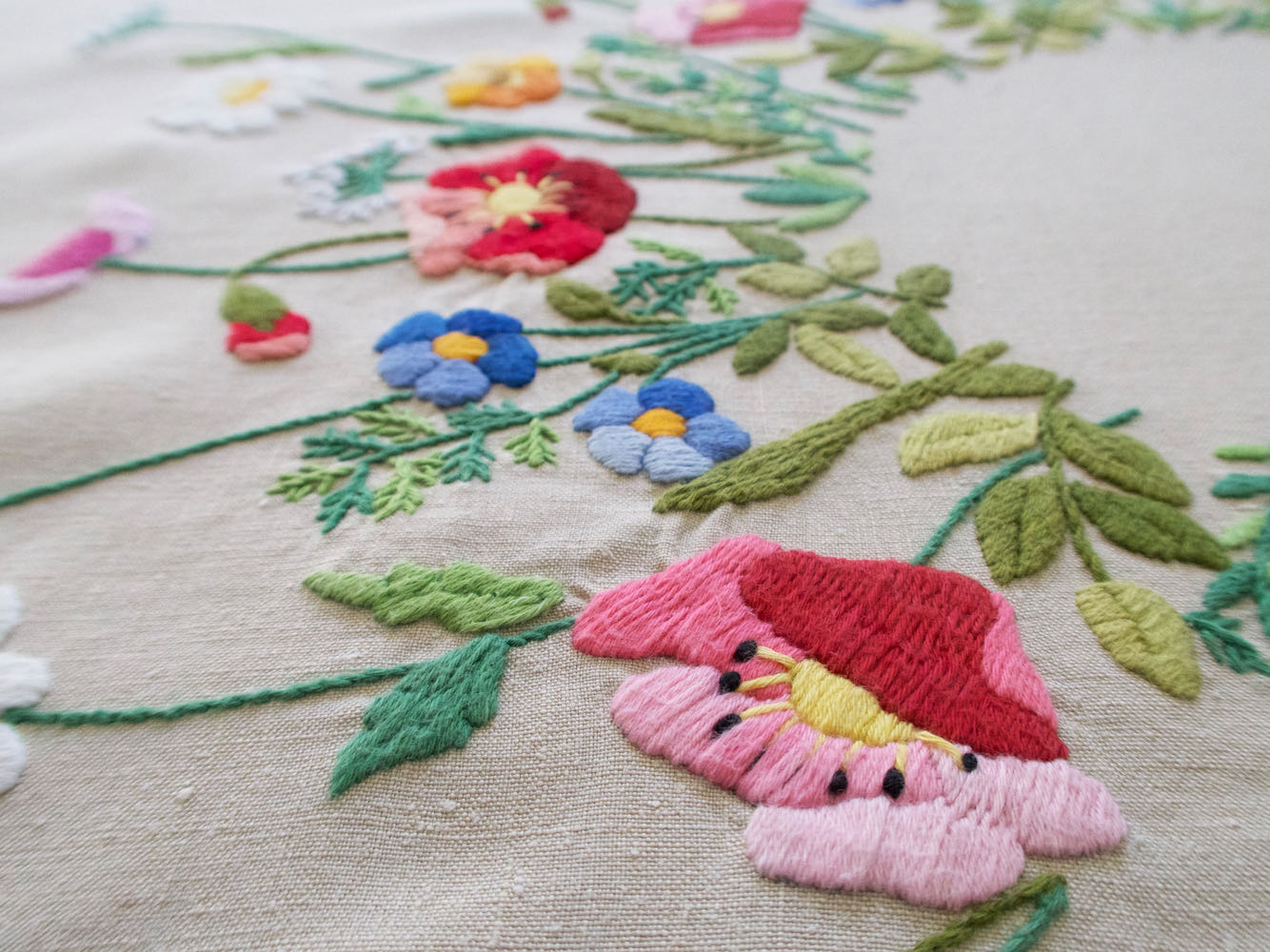 Colorful Flowers Vintage Linen Small Tablecloth 34"
