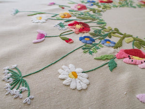 Colorful Flowers Vintage Linen Small Tablecloth 34"