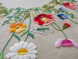 Colorful Flowers Vintage Linen Small Tablecloth 34"