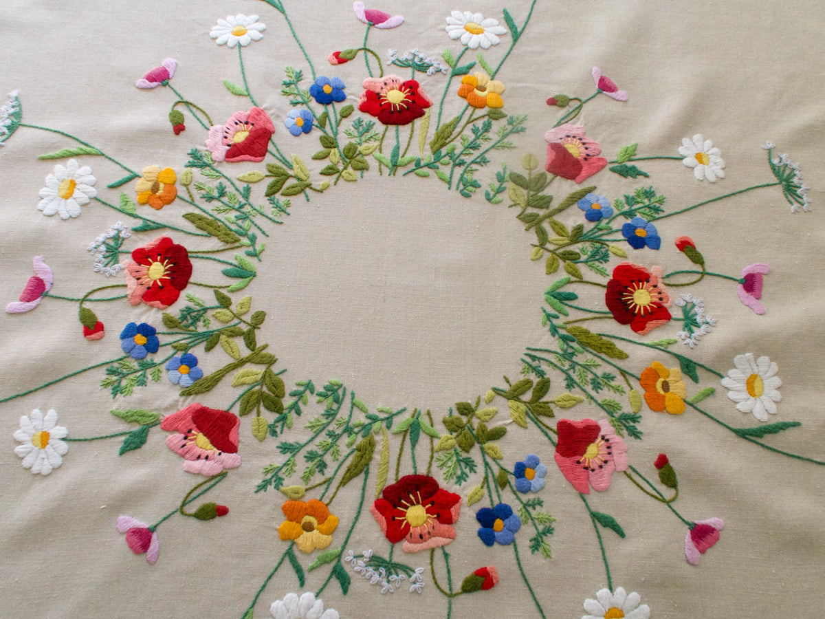 Colorful Flowers Vintage Linen Small Tablecloth 34&quot;