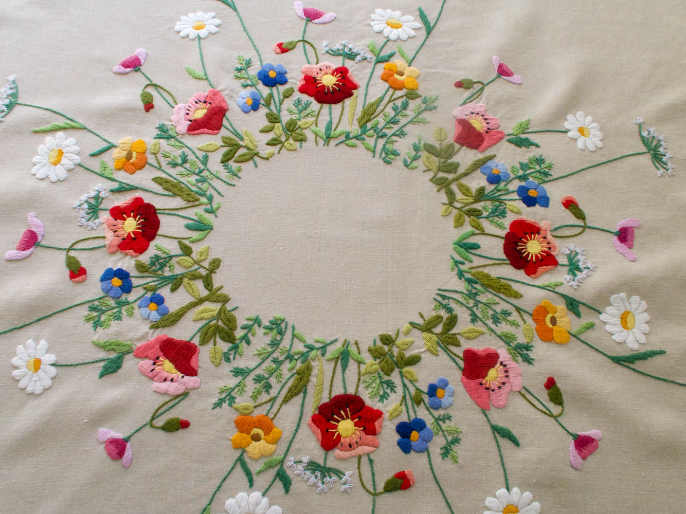 Colorful Flowers Vintage Linen Small Tablecloth 34"