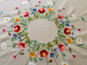 Colorful Flowers Vintage Linen Small Tablecloth 34"