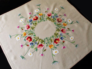 Colorful Flowers Vintage Linen Small Tablecloth 34"
