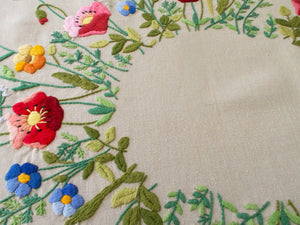 Colorful Flowers Vintage Linen Small Tablecloth 34"