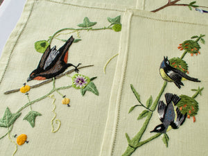 Colorful Birds Hand Embroidered 12pc Linen Placemat Set for 6