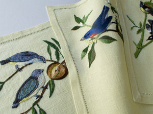 Colorful Birds Hand Embroidered 12pc Linen Placemat Set for 6