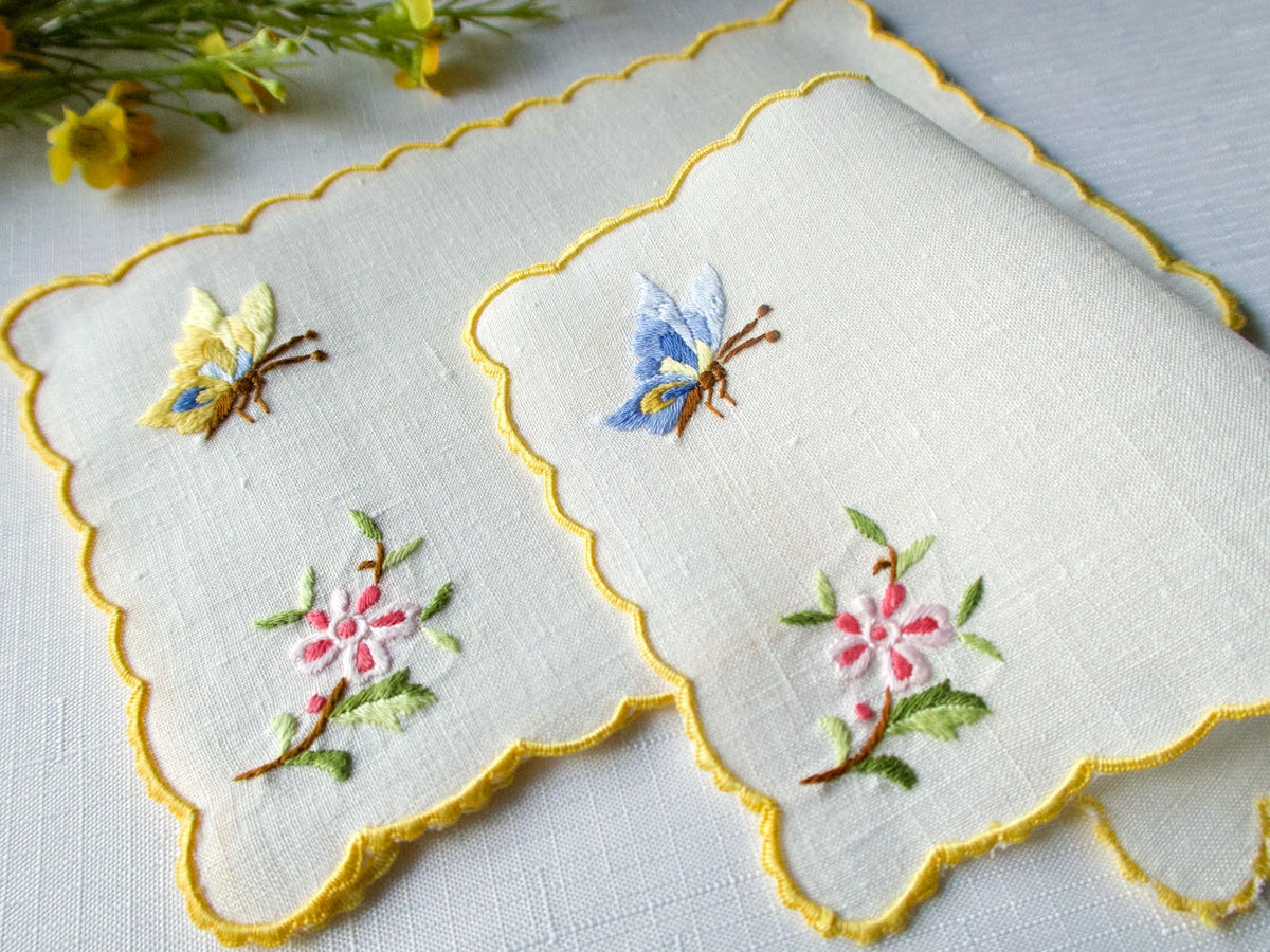 Butterflies Vintage Hand Embroidered Cocktail Napkins, Set of 6