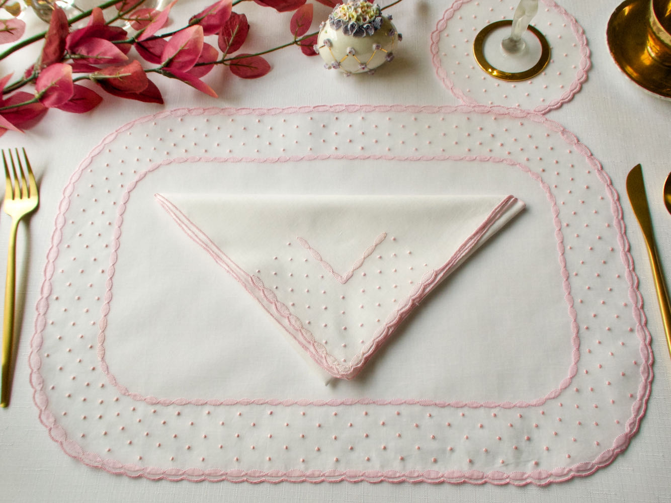 Pink Dots & Ribbons Vintage Madeira 36pc Placemat Set for 12