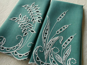 Cattails and Ferns Vintage Cutwork Linen Guest Towels - Set of 2