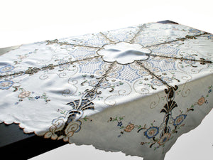 Vintage Madeira Flowers & Cutwork Linen Tablecloth 52"