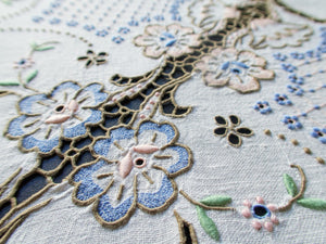 Vintage Madeira Flowers & Cutwork Linen Tablecloth 52"