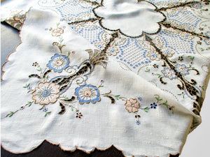 Vintage Madeira Flowers & Cutwork Linen Tablecloth 52"