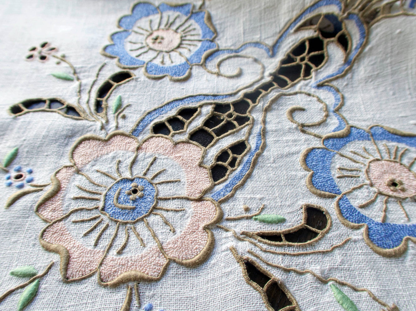 Vintage Madeira Flowers & Cutwork Linen Tablecloth 52"