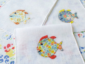 Flower Fish Hand Embroidered Linen Cocktail Napkins, Set of 6