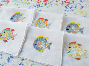 Flower Fish Hand Embroidered Linen Cocktail Napkins, Set of 6
