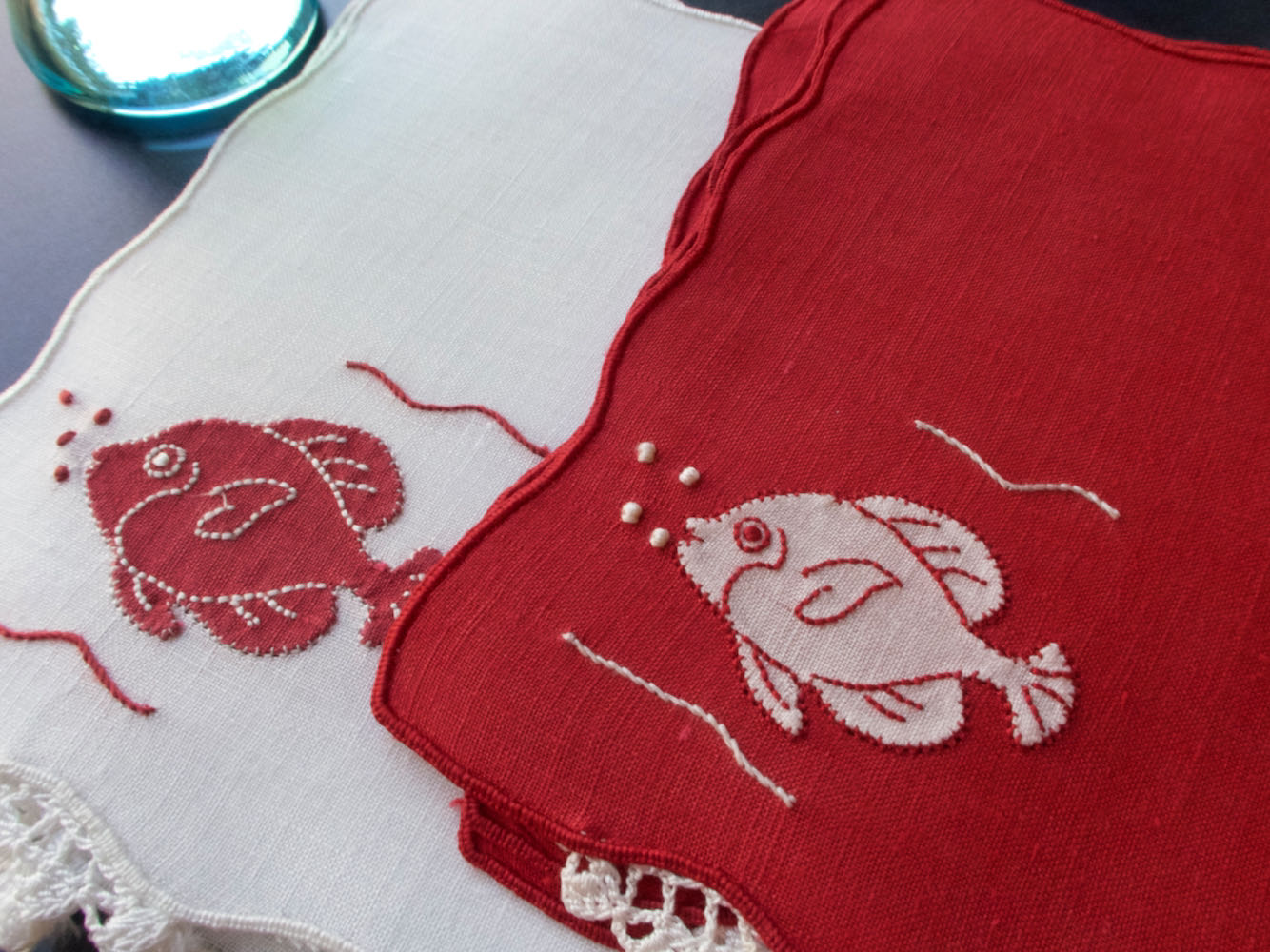 Fish in Red & White Vintage Madeira Linen Cocktail Napkins, Set of 8