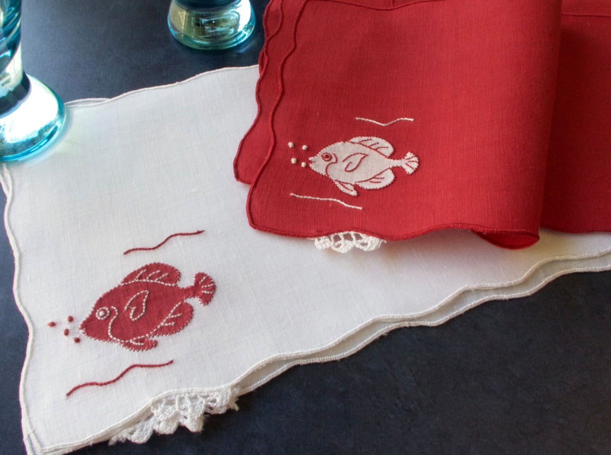 Fish in Red & White Vintage Madeira Linen Cocktail Napkins, Set of 8