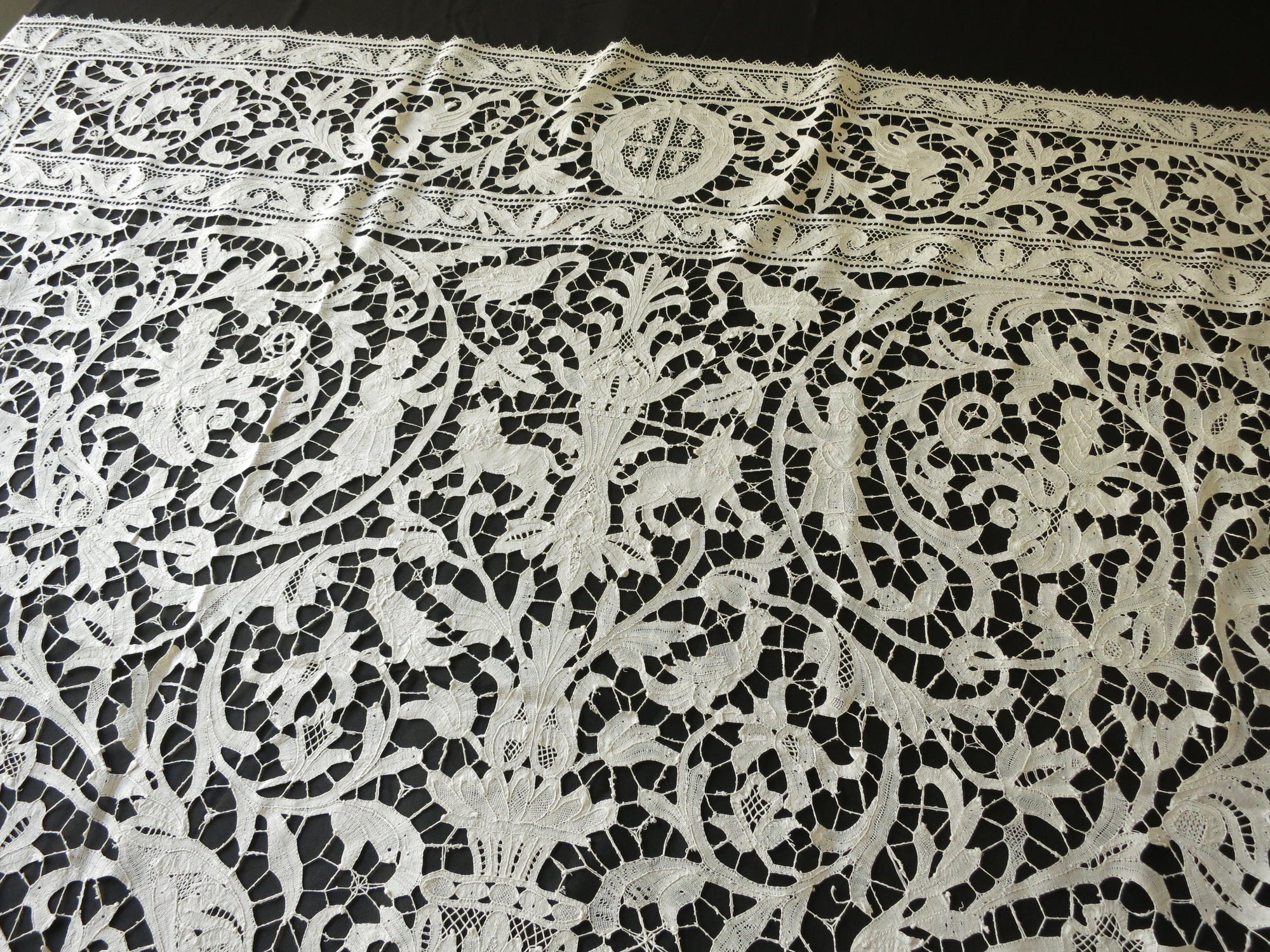 Antique Coverlet 19thC Bobbin Lace ~ Animals, Hunters & Mythological Creatures