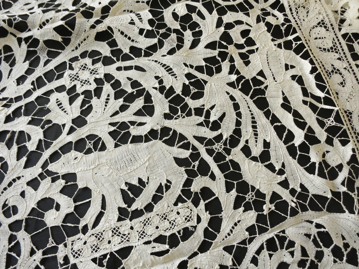 Antique Coverlet 19thC Bobbin Lace ~ Animals, Hunters &amp; Mythological Creatures