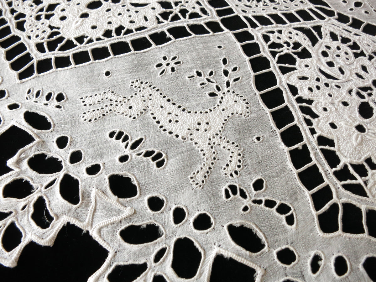 Call to the Hunt Antique French Embroidery Round Linen Tablecloth 30&quot;