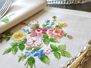 Flowers in French Beauvais Vintage D Porthault Linen 12pc Placemat Set for 6